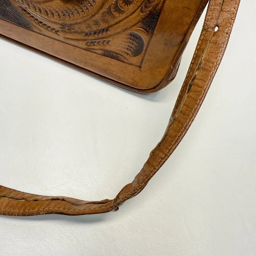Vintage Hand Tooled Leather Shoulder Bag Made In Mexico Rose Flower - Picture 12 of 16